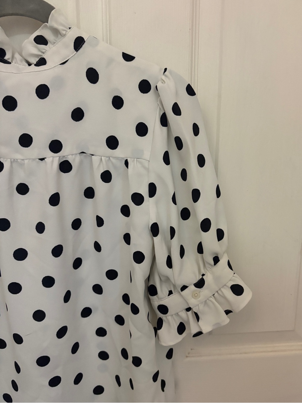 Ann Taylor Polka Dotted Stand Up Collar Ruffle Sleeve Top - Picture 8 of 10